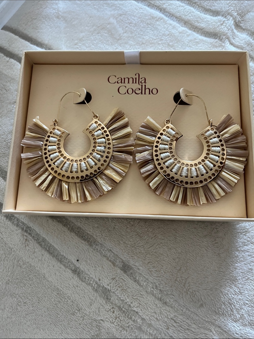 Camila Coelho Gold and Beige Raffia Fan Hoop Earrings